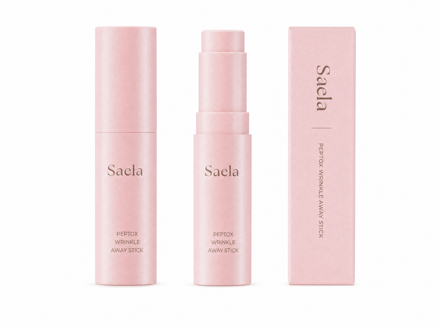 Saela Peptox Wrinkle Away Stick, three views: closed tube, open stick, and box