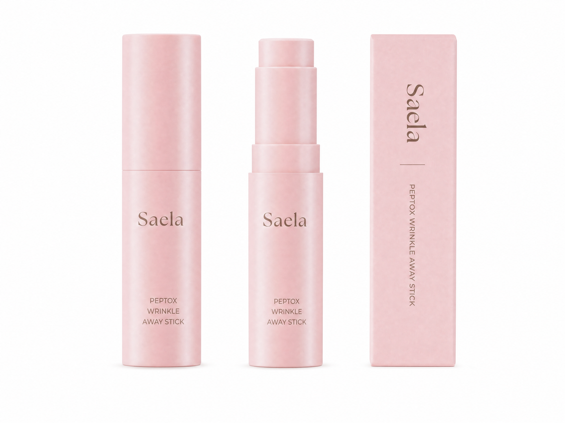 Saela Peptox Wrinkle Away Stick, three views: closed tube, open stick, and box