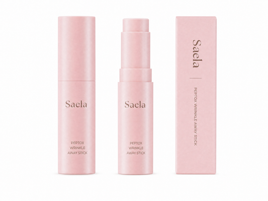 Saela Peptox Wrinkle Away Stick, three views: closed tube, open stick, and box